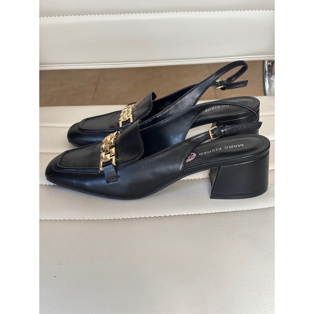 Marc Fisher Oraci Black Slingback Loafers Gold Chain Square Toe Block Heel 8.5M